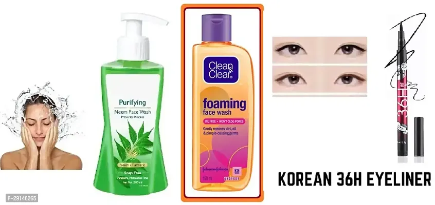 CLEAN AND CLEAR FACEWASH 150ML PACK OF 1 WITH NATURAL FACEWASH 200ML PACK OF 1 WITH 36H EYELINER.