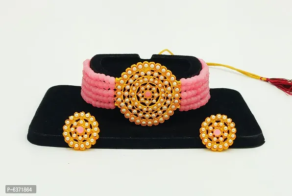 Stylish Alloy Pink American Diamond And Beads Work Jewellery Set For Women-thumb3