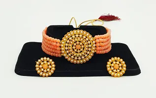 Stylish Alloy Peach American Diamond And Beads Work Jewellery Set For Women-thumb2
