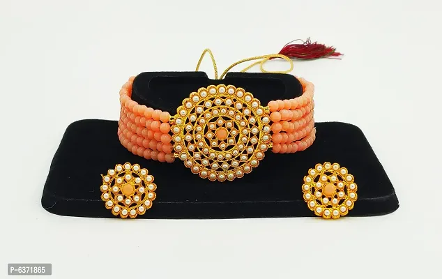 Stylish Alloy Peach American Diamond And Beads Work Jewellery Set For Women-thumb3