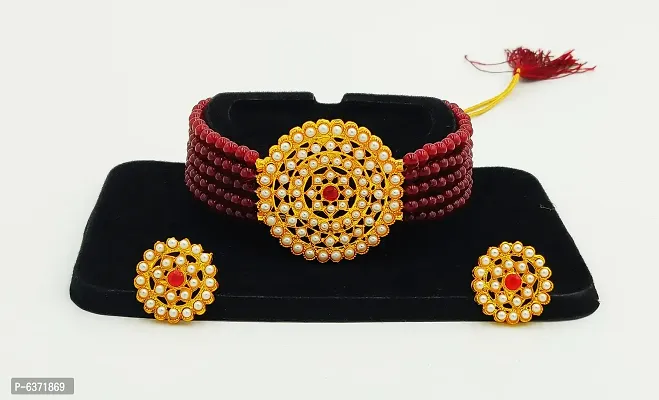 Stylish Alloy Maroon American Diamond And Beads Work Jewellery Set For Women-thumb3