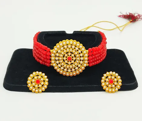 Stylish Alloy Red American Diamond And Beads Work Jewellery Set For Women
