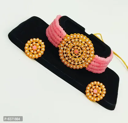 Stylish Alloy Pink American Diamond And Beads Work Jewellery Set For Women-thumb2
