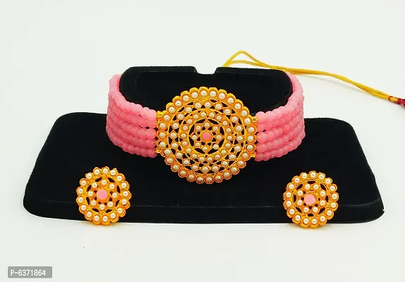 Stylish Alloy Pink American Diamond And Beads Work Jewellery Set For Women