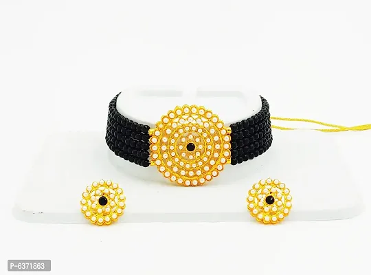 Stylish Alloy Black American Diamond And Beads Work Jewellery Set For Women
