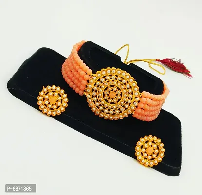 Stylish Alloy Peach American Diamond And Beads Work Jewellery Set For Women-thumb2