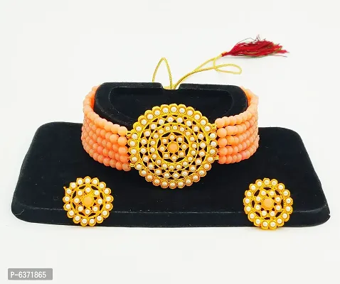 Stylish Alloy Peach American Diamond And Beads Work Jewellery Set For Women