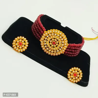 Stylish Alloy Maroon American Diamond And Beads Work Jewellery Set For Women-thumb2