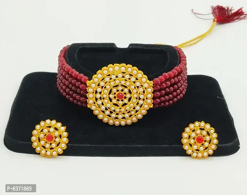 Stylish Alloy Maroon American Diamond And Beads Work Jewellery Set For Women