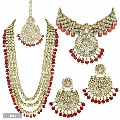 Stylish Red Alloy American Diamond Jewellery Set For Women-thumb0