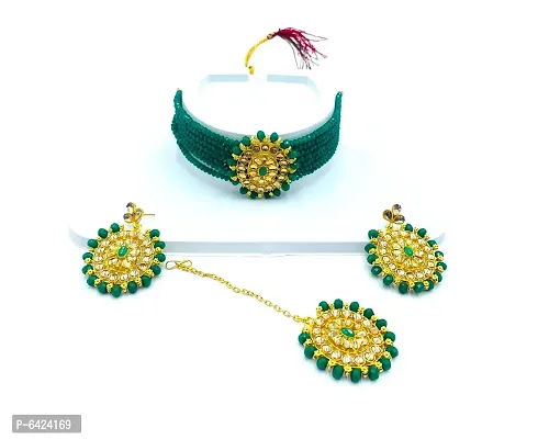 Stylish Green Alloy American Diamond Jewellery Set For Women-thumb2