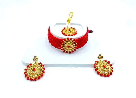 Stylish Red Alloy American Diamond Jewellery Set For Women