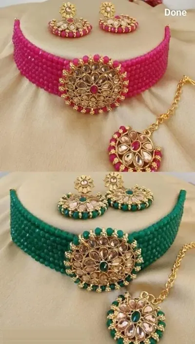 Pack Of 2 Chocker Mathapatti And Earrings Festive Wear Alloy Choker Set