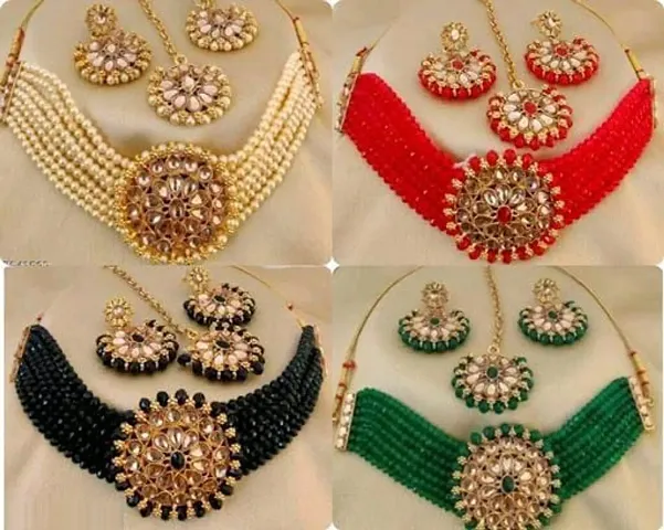 Pack Of 4 Chocker Mathapatti And Earrings Festive Wear Alloy Choker Set