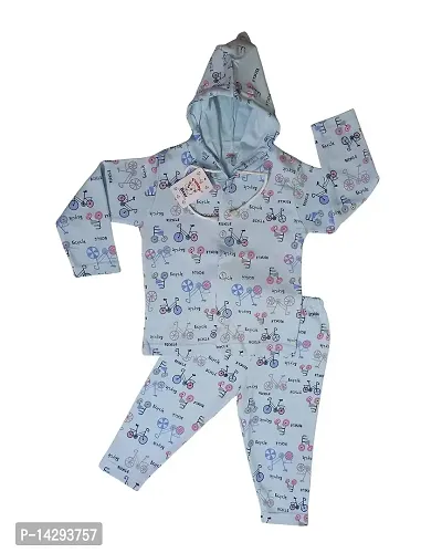 Funny Bear Printed Cotton Sweatshirt Hoodie Tshirt and Pyjama Pant Winter Clothing Set for Infant New Born Kid