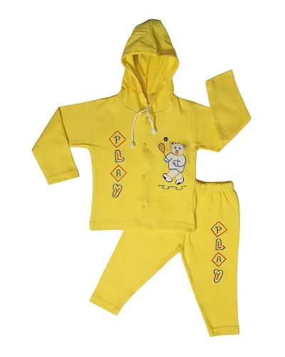 Funny Bear Cotton Bear Cartoon warm Front Open Sweatshirt Hoodie Tshirt and Pyjama Pant Winter Clothing Set for New Born Infant