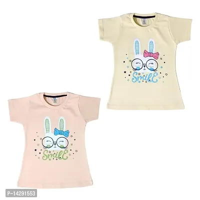 Funny Bear Cotton Printed Tops for Girls | Regular fit Half Sleeves Casual Printed Cotton Tops Tshirt for Girls (Pack of 2)-thumb0