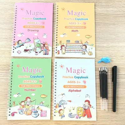 D4STARS MAGIC PRACTICE SANK COPYBOOK FOR KIDS,  BEST WRITING COPY BOOK FOR CHILDREN STUDY ( COMBO 4 COPYBOOK +  FREE : 1 PEN + 10 REFILL )