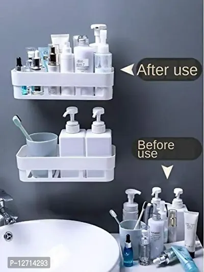 Plastic Bathroom Shelf Kitchen Shelf Soap Box Stand Combo - Wall Mount Bathroom Accessories for Home Decor with Self Adhesive Sticker - White (Combo Bathroom Shelve 2Pcs)-thumb0