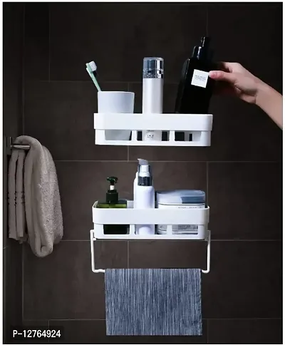 Multipurpose Wall Mount Bathroom Shelf and Rack Adhesive Bathroom Organizer Shelves with Towel Hanger (B.S.(2)+Hanger(1)