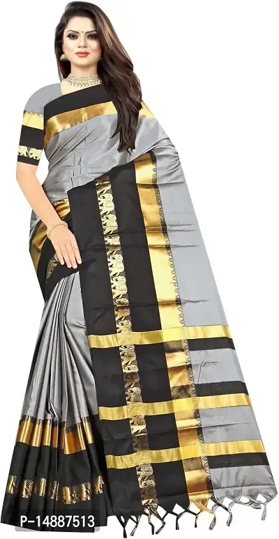 Cotton Silk Animal Design Border Saree (Grey-Black)-thumb0