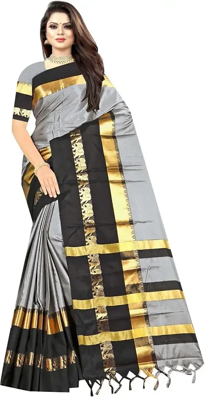 Silk Animal Design Border Saree (Grey-Black)