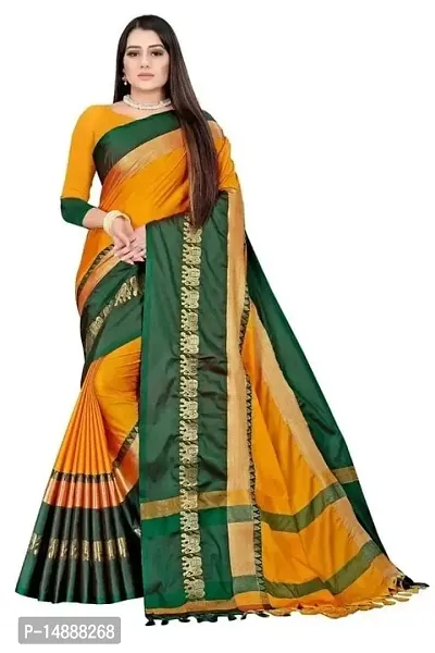 Cotton Silk Elephant Border Saree (Yellow-Green)