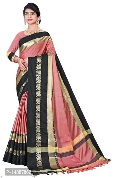 Cotton Silk Elephant Border Saree (Peach-Black)-thumb0