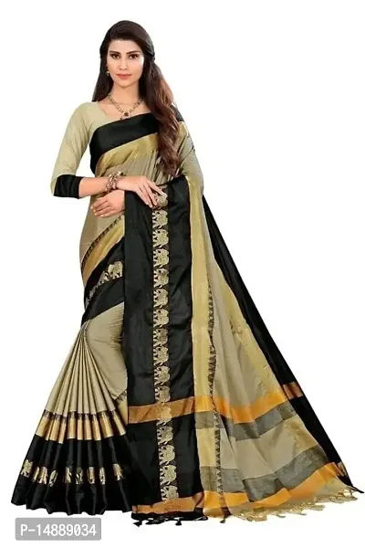 Cotton Silk Elephant Border Saree (Chiku-Black)-thumb0