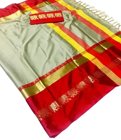 Women's Pure Cotton Silk Elephant Design Saree with Blouse (Beige)-thumb0