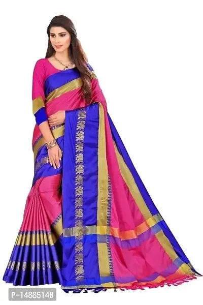 Cotton Silk Elephant Border Saree (Pink-Blue)