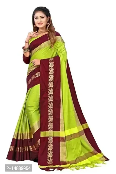 Cotton Silk Elephant Border Saree (Green-Brown)