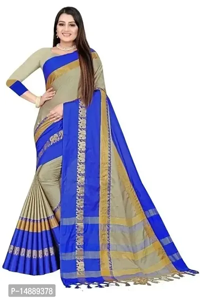 Cotton Silk Elephant Border Saree (Chiku-Blue)