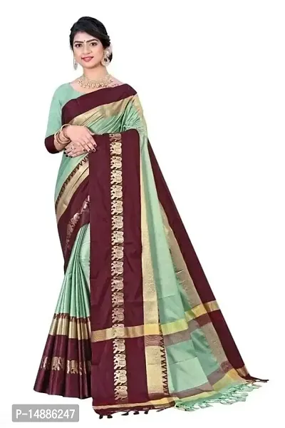 Cotton Silk Elephant Border Saree (Pista-Brown)-thumb0