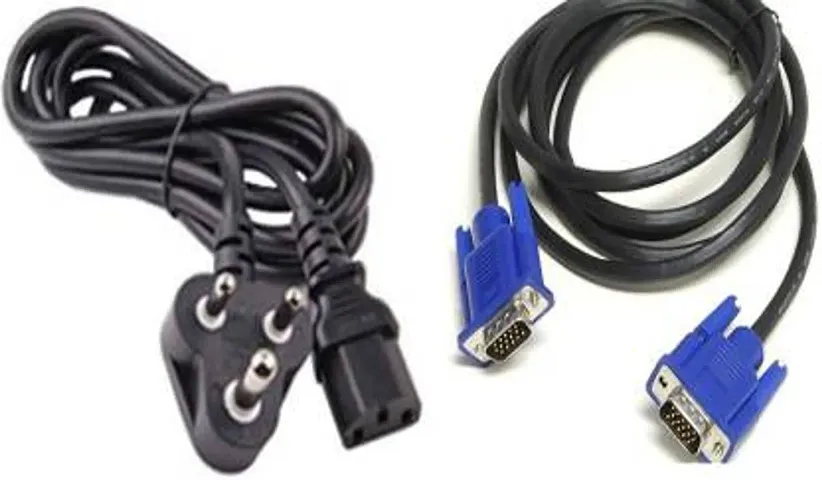 Yaksha Combo of 1.5 Meter Male to Male 15 Pin VGA Cable and Power Cable/Cord for Computer, Desktop, CPU, M (1.5 Meter)