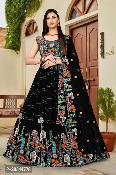 Elegant Black Embroidered Semi Stitched Lehenga Choli-thumb0