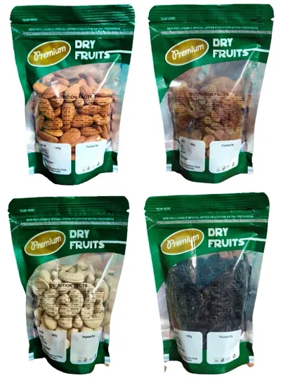 California Almonds 100 gms, Cashews 100 gms, Golden Raisins 100 gms and Black Raisins 100 gms