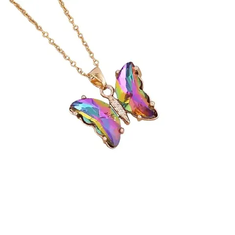 Lovely Plated Crystal Butterfly Pendant Necklace for Women and Girls