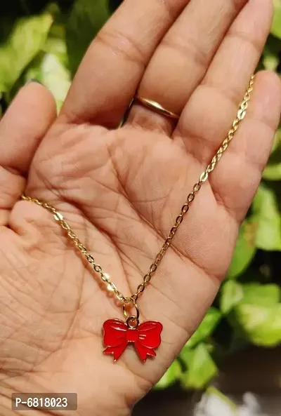 Women Fashion Gold Tone Rhinestone Bow Pendant Chain Necklace-thumb0