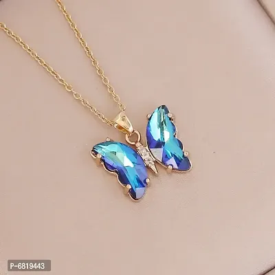 Lovely Gold Plated Pink Crystal Butterfly Pendant Necklace for Women and Girls-thumb0