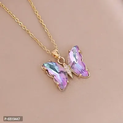 Lovely Gold Plated Pink Crystal Butterfly Pendant Necklace for Women and Girls-thumb0