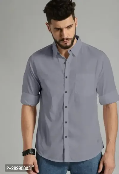 Classic Grey Cotton Blend Solid Regular Fit Casual Shirt For Men