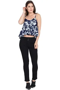 Curvive Women's Navy Blue Strap Poly Crepe Top with White Floral Print-thumb3