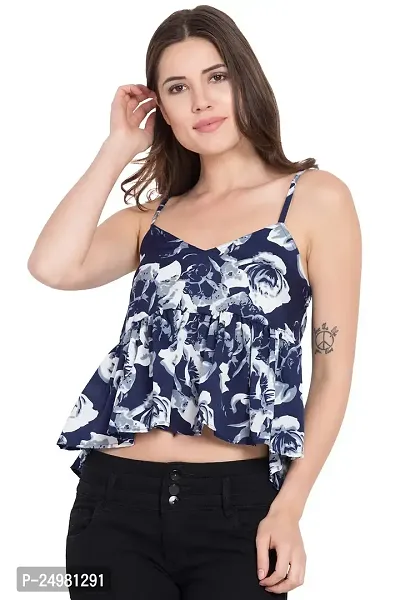 Curvive Women's Navy Blue Strap Poly Crepe Top with White Floral Print-thumb0