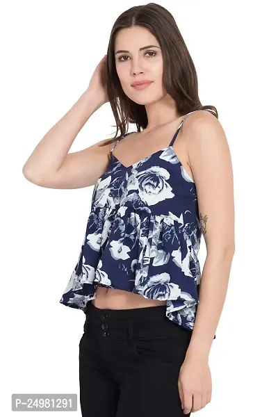 Curvive Women's Navy Blue Strap Poly Crepe Top with White Floral Print-thumb2