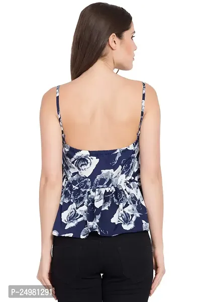 Curvive Women's Navy Blue Strap Poly Crepe Top with White Floral Print-thumb3