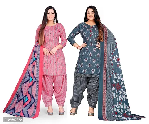 Elegant Multicoloured Cotton Floral Print Dress Material with Dupatta For Women Pack Of 2