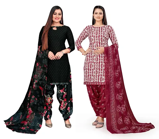 Elegant Crepe Floral Print Dress Material With Dupatta For Women, Pack Of 2