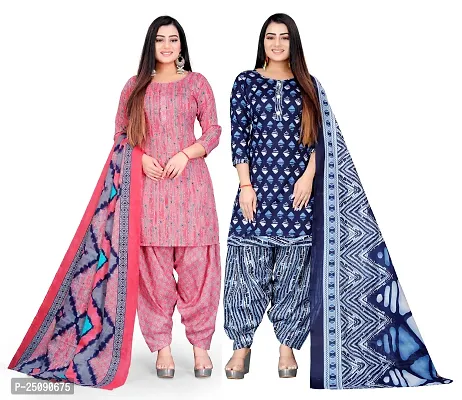 Elegant Multicoloured Cotton Floral Print Dress Material with Dupatta For Women Pack Of 2