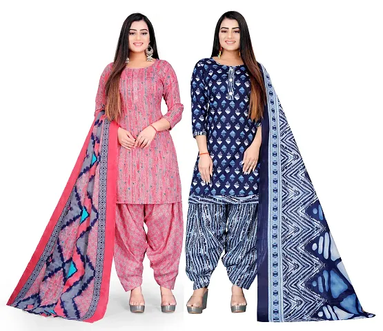 Elegant Cotton Floral Print Dress Material with Dupatta - Pack Of 2